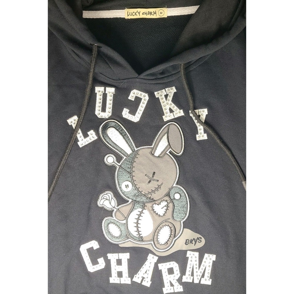 Lucky Charm Voodoo Doll Bunny Graphic Hoodie Black Unisex Med Embellished Cotton - Picture 3 of 6